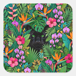 Sticker Carré Panthère noire Fleurs de jungle et feuillage tropi