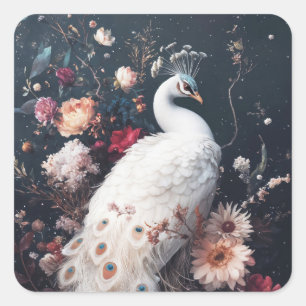 Sticker Carré Paon Blanc Élégant avec Plumes à Ocelles de Teinte
