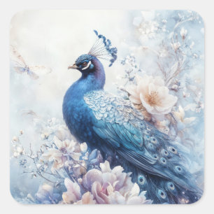 Sticker Carré Paon Bleu Élégant Perché dans un Jardin Éthéré