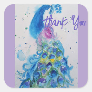 Sticker Carré Paon Élégant Aquarelle Couleurs Pastel Merci