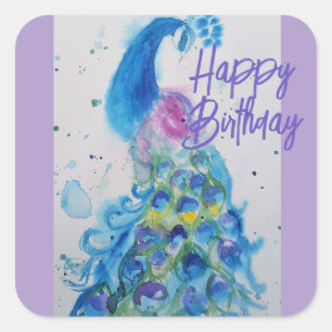 Sticker Carré Paon Élégant Aquarelle Pastel Joyeux Anniversaire