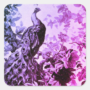 Sticker Carré paon victorien fleuri élégant toile violet rose