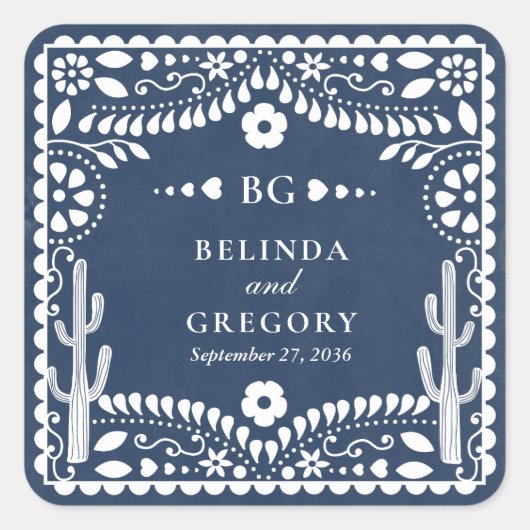 Sticker Carré Papel Picado Boda Mexican Rustic Blue Wedding (Devant)