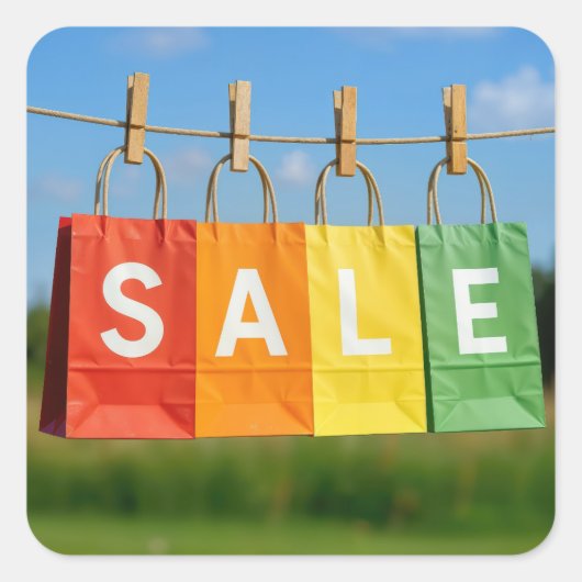 Sticker Carré Paper Shopping Bags On a Clothesline (Devant)