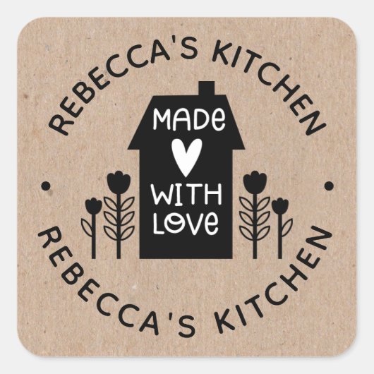 Sticker Carré Papier Kraft Rustique Cute Fait Maison Avec Amour (Devant)