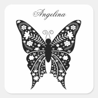Sticker Carré Papillon Artsy Élégant Nom Noir et Blanc
