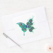 Sticker Carré Papillon aux plumes de paon vert (Enveloppe)