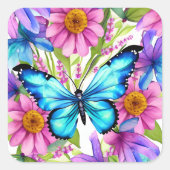 Sticker Carré Papillon Bleu Dans un Champ de Fleurs (Devant)