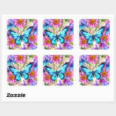 Sticker Carré Papillon Bleu Dans un Champ de Fleurs (Feuille)