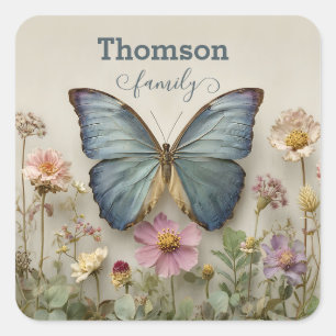 Sticker Carré Papillon Bleu Vintage Floral Jardin Famille