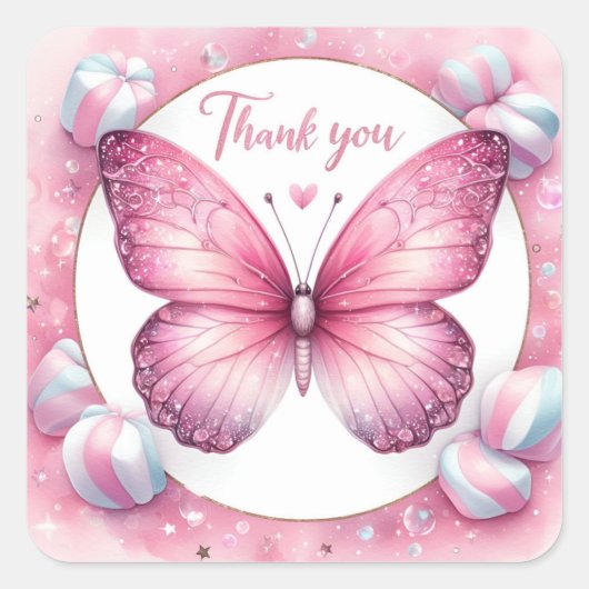 Sticker Carré Papillon bonbon Marshmallow rose - Merci - (Devant)