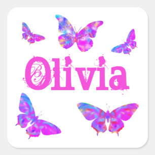 Sticker Carré Papillon coloré Art rose Ajouter le nom Olivia