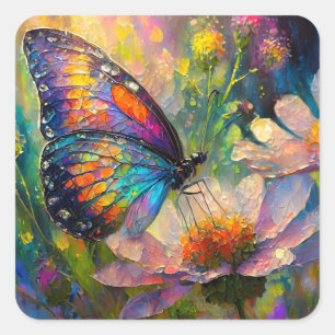 Sticker Carré Papillon Coloré et Fleurs Sauvages au Lever du Sol