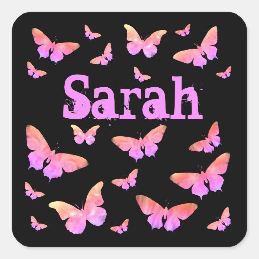 Sticker Carré Papillon d'art rose et violet Art Sarah Girls Nom (Devant)