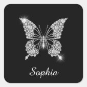 Sticker Carré Papillon Diamant Blanc, Nom de Script DIY, Noir (Devant)