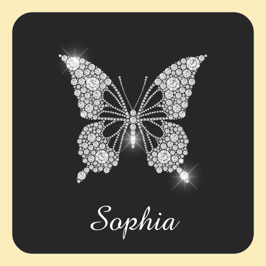 Sticker Carré Papillon Diamant Blanc, Nom de Script DIY, Noir
