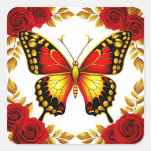 Sticker Carré Papillon Doré Avec Des Roses Rouges Et Des Feuille