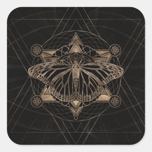Sticker Carré Papillon en Géométrie Sacrée - Noir et Or (Devant)