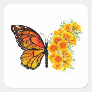 Sticker Carré Papillon Fleur avec Pavot de Californie Jaune