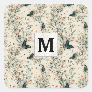 Sticker Carré Papillon Floral Monogramme Bleu Vintage