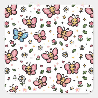 Sticker Carré Papillon Mignon Motif Floral Sans Couture Kawaii