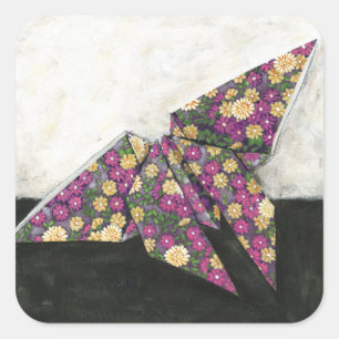 Sticker Carré Papillon Origami sur papier floral