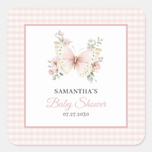 Sticker Carré Papillon Rose à Carreaux Floral Fille Baby Shower
