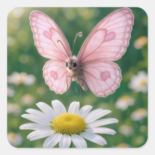 Sticker Carré Papillon Rose Féminin et Marguerite Blanche