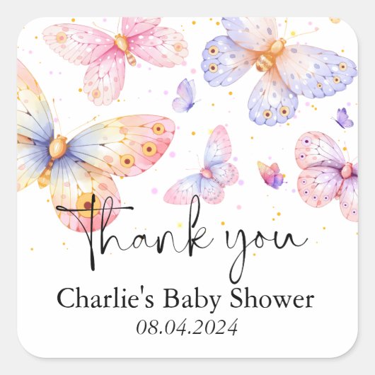 Sticker Carré Papillon rose violet Baby shower fille (Devant)