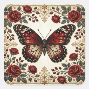 Sticker Carré Papillon Rouge Élégant Motif de Rose Vintage Desig