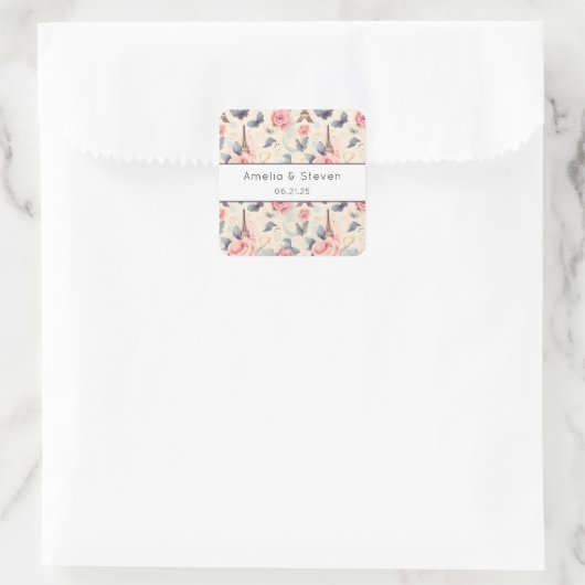 Sticker Carré Papillon Tour Eiffel et Motif Rose - Mariage (Sac)