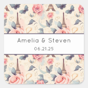 Sticker Carré Papillon Tour Eiffel et Motif Rose - Mariage