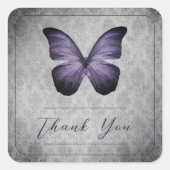 Sticker Carré Papillon Vintage violet Merci Mariage damassé (Devant)