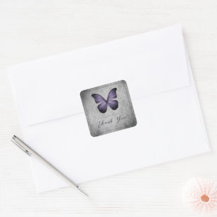 Sticker Carré Papillon Vintage violet Merci Mariage damassé