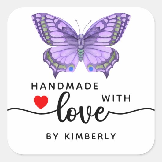 Sticker Carré Papillon violet fait main avec amour blanc (Devant)