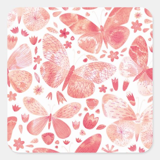 Sticker Carré Papillons Aquarelle Corail rose (Devant)