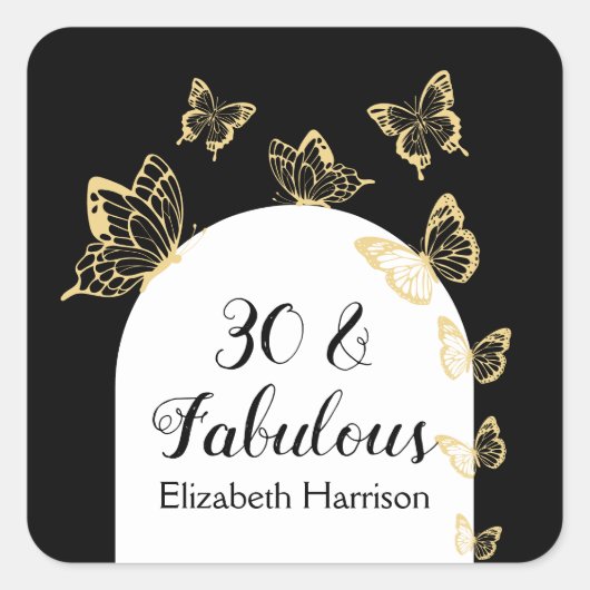 Sticker Carré Papillons Black Gold moderne Fabuleux anniversaire (Devant)