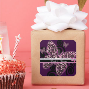 Sticker Carré Papillons de mariée tourbillon violet noir blanc