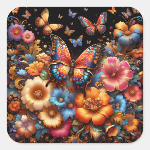 Sticker Carré Papillons et fleurs motif