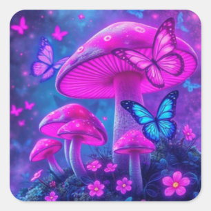 Sticker Carré Papillons, Fleurs et Champignons-