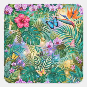 Sticker Carré Papillons Fleurs Fantaisie Jungle Enjouée