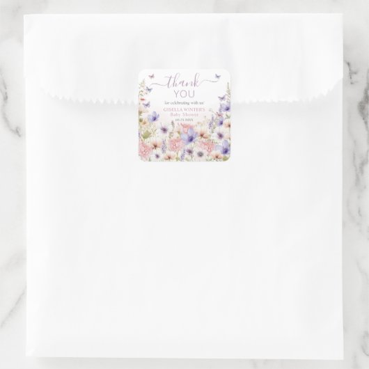 Sticker Carré Papillons Fleurs sauvages violets rose bébé en fle (Sac)