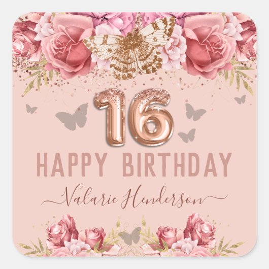 Sticker Carré Papillons floraux rose joyeux 16e anniversaire (Devant)