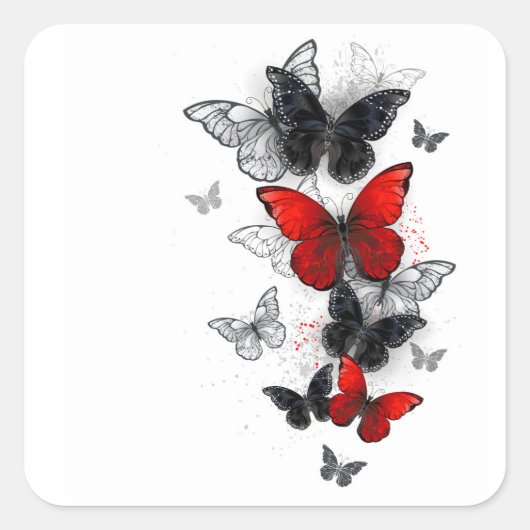 Sticker Carré Papillons noirs et rouges volants (Devant)