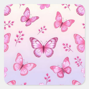 Sticker Carré Papillons roses et motif de fleurs