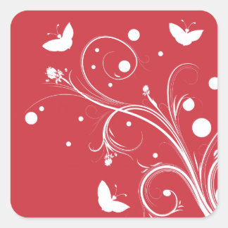 Sticker Carré Papillons rouges et blancs et fleurs