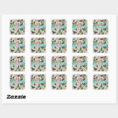 Sticker Carré Papillons vintages, Monogramme & Nom, Turquoise & (Feuille)