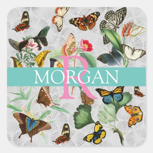 Sticker Carré Papillons vintages, Monogramme & Nom, Turquoise & (Devant)