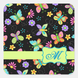Sticker Carré Papillons Whimsy modernes sur Monogramme noir