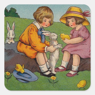 Sticker Carré Pâques Animaux Mignons Vintage